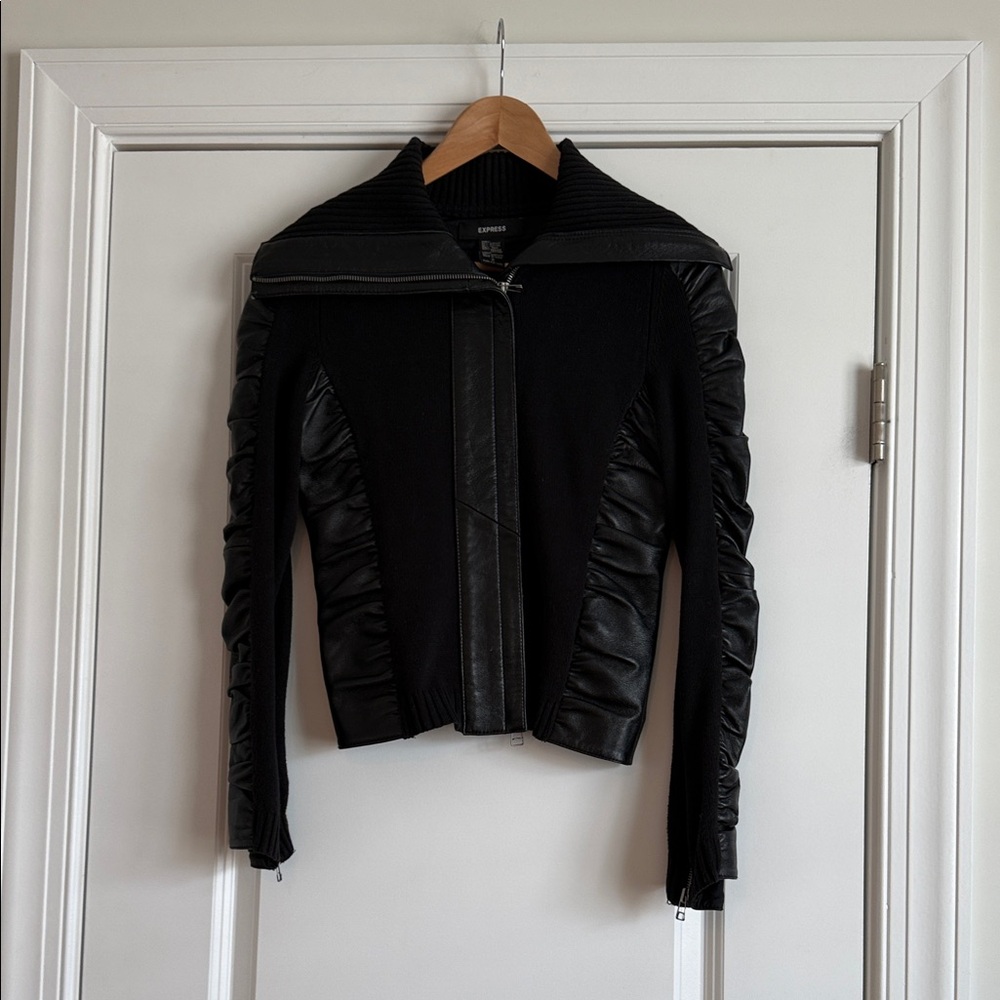 Vintage Express Black Sweater Jacket with Leather Ruched Sleeves